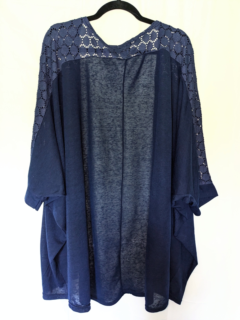 Rouge Collection Navy Crochet-Shoulder Open Cardigan - Picture 2 of 5
